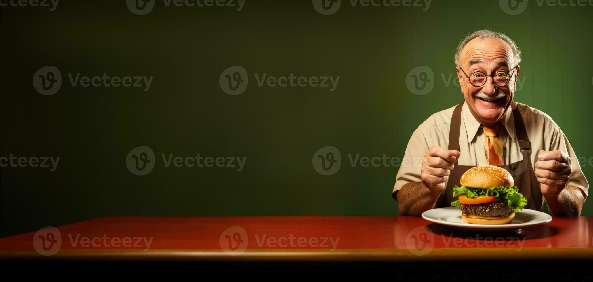 Elderly man savouring a burger meal at a retro diner isolated on a gradient background photo