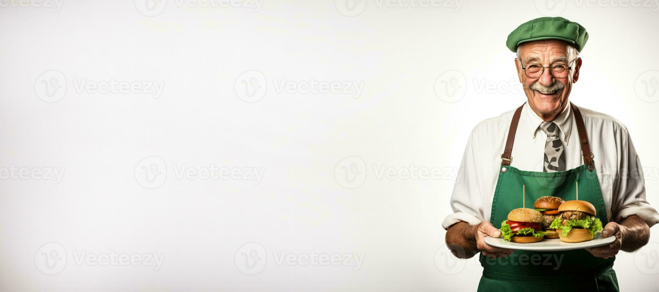 Elderly man relishing a burger meal at retro diner isolated on a white background photo