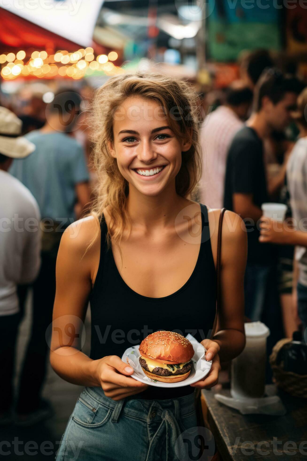 Adventurous solo traveler tasting local sandwiches at a bustling street