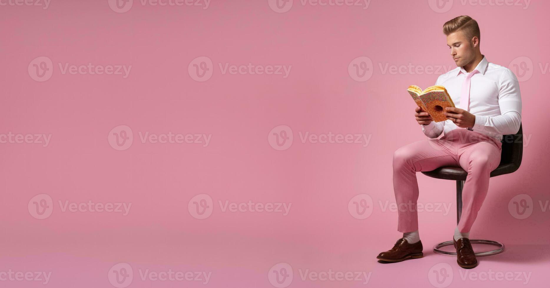 Young adult reading while eating doughnut in cafe isolated on a gradient background photo
