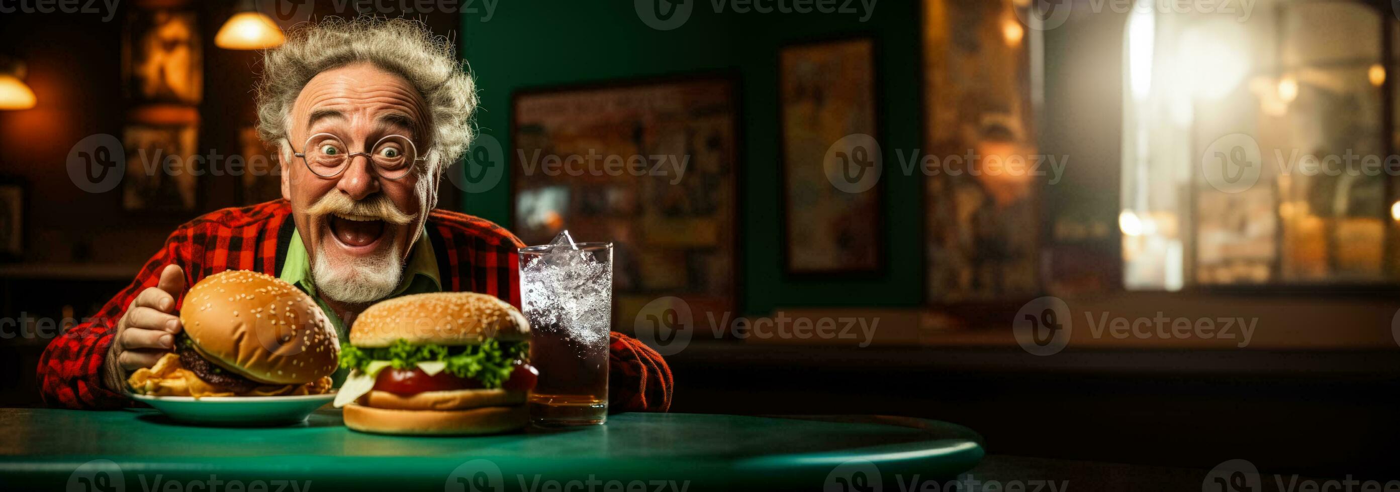 Elderly man savouring a burger meal at a retro diner isolated on a gradient background photo