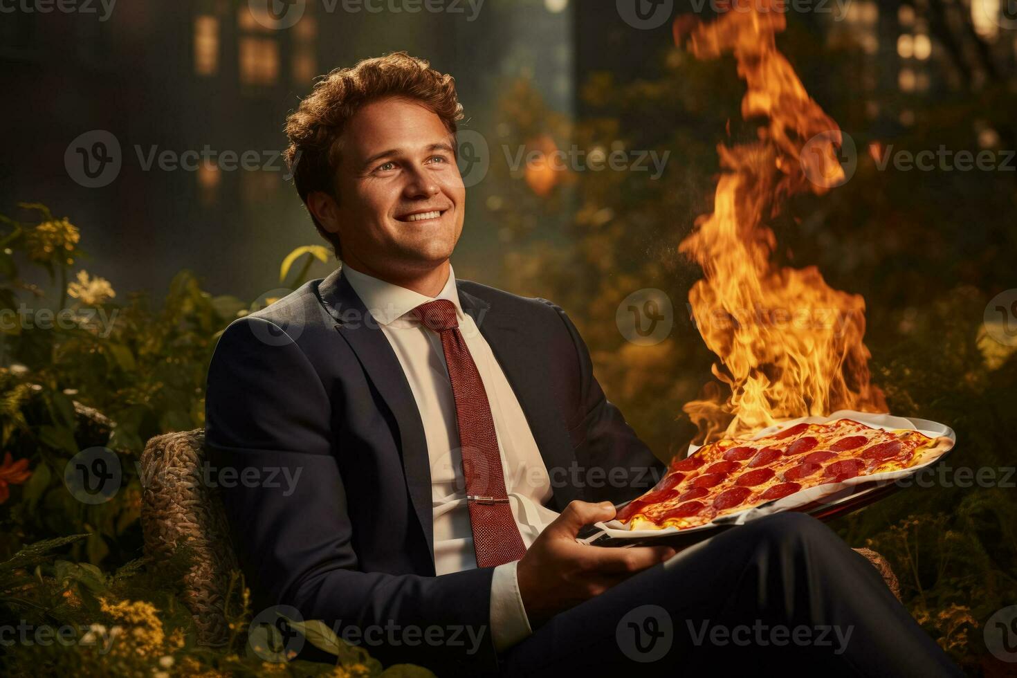 Corporate executive having pizza in city park isolated on a gradient background photo