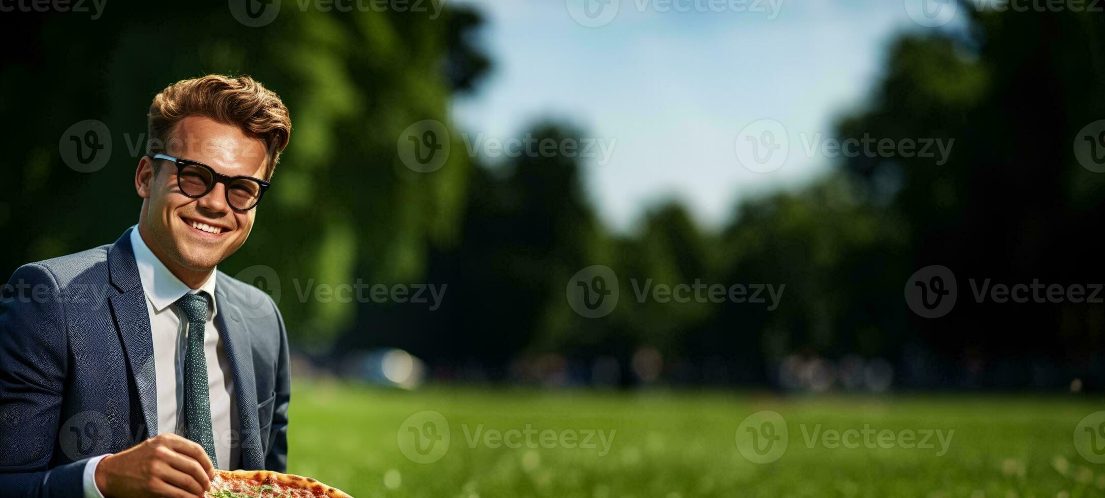 Corporate executive having pizza in city park isolated on a gradient background photo