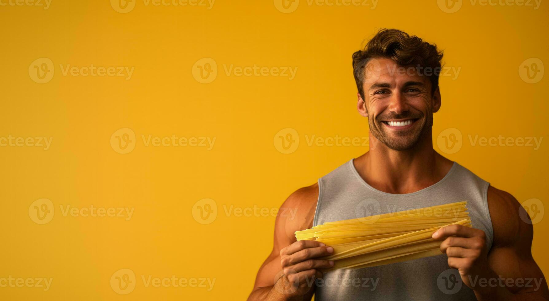 Fitness enthusiast consuming post workout pasta isolated on a health bar gradient background photo