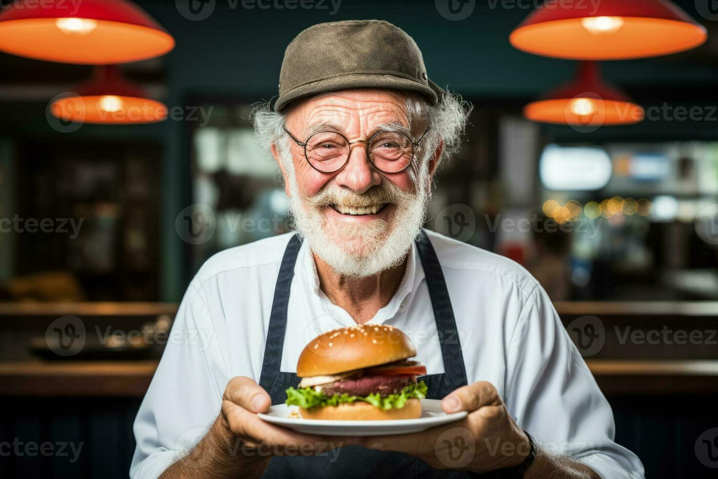 Elderly man relishing a burger meal at retro diner isolated on a white background photo