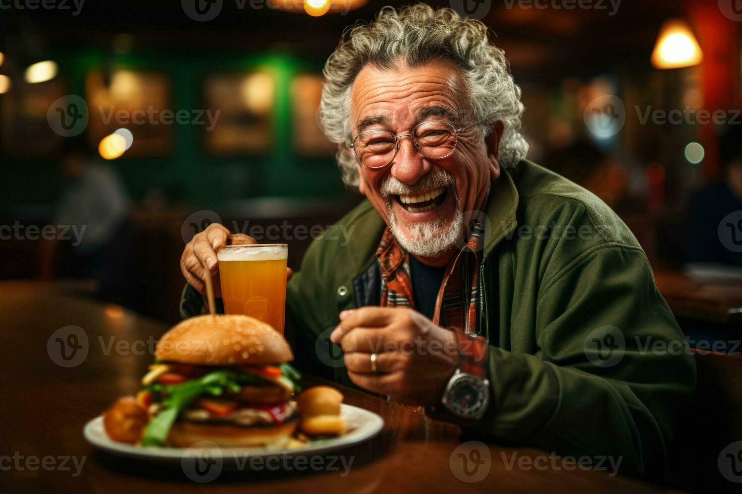 Elderly man enjoying burger at retro diner background with empty space for text photo