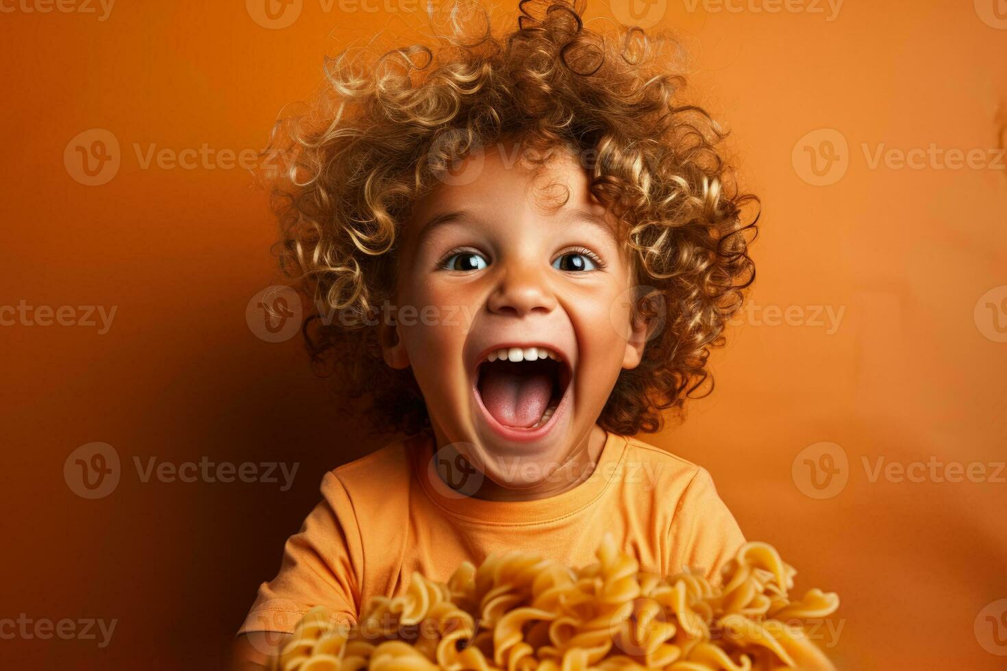 joven niño deleitando en pasta cena aislado en un calentar degradado antecedentes foto