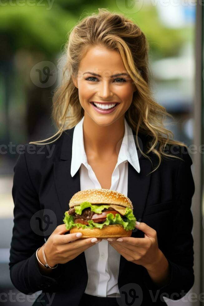 Professional woman savoring a gourmet burger isolated on a white background photo