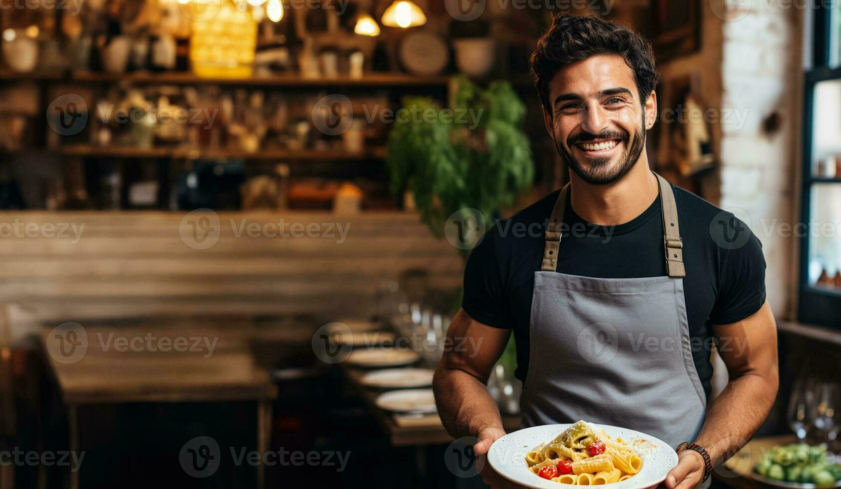 Digital nomad relishes traditional pasta in a quaint Italian cafe photo