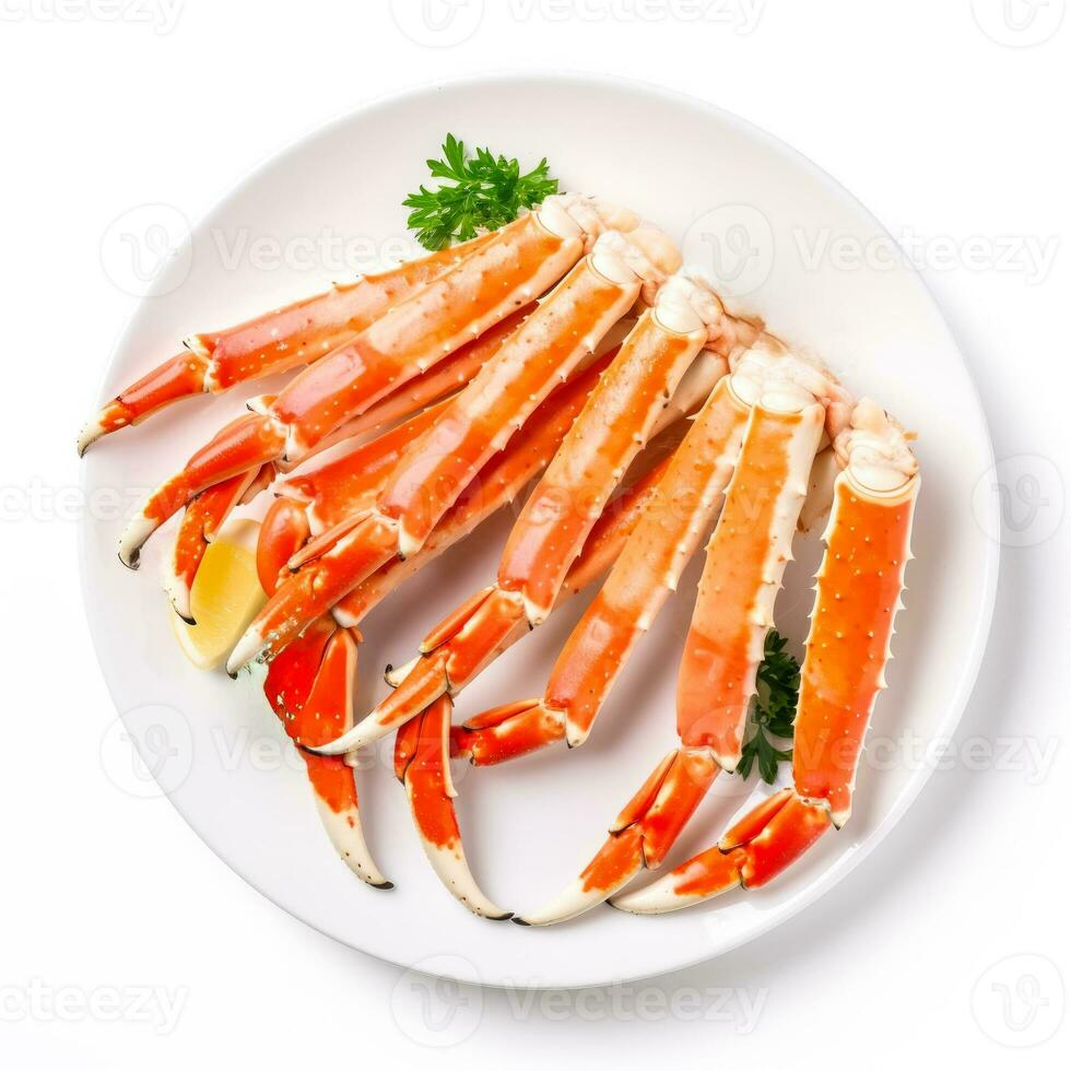 Steamed crab legs with garlic butter expertly isolated on a white background photo
