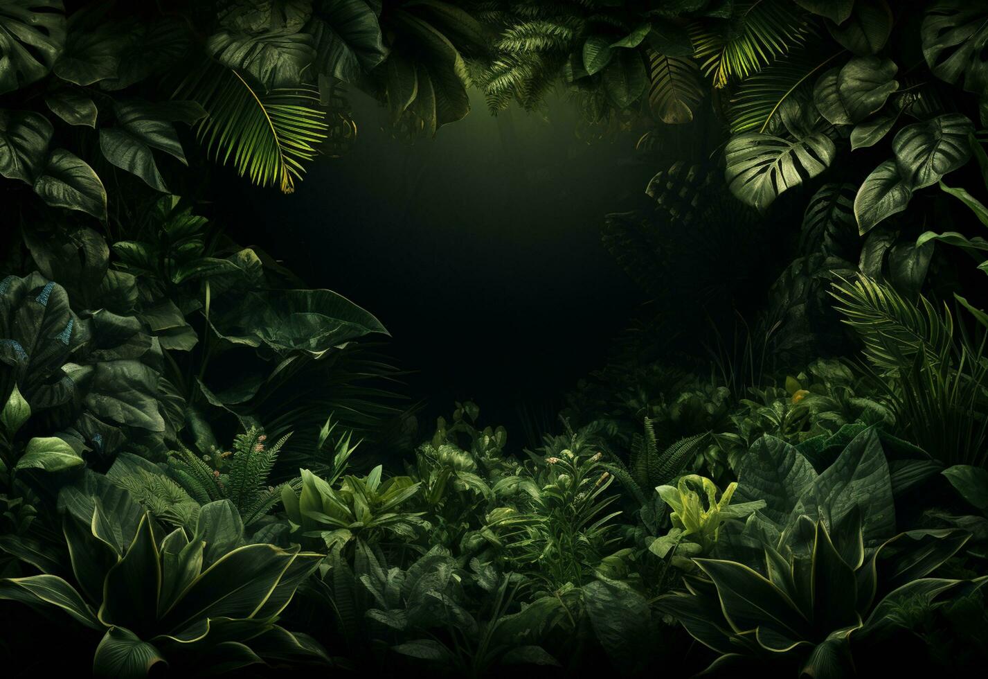 Ai Generative Beautiful jungle background with border made of tropical leaves backdrop with copy space photo