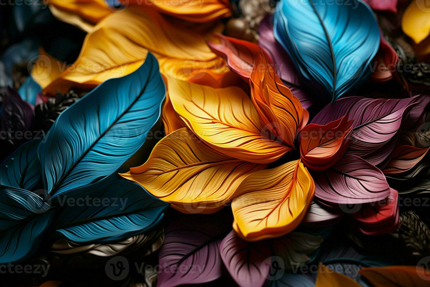 Vibrant leaf design shines in shadowy room, a burst of color and intrigue AI Generated photo