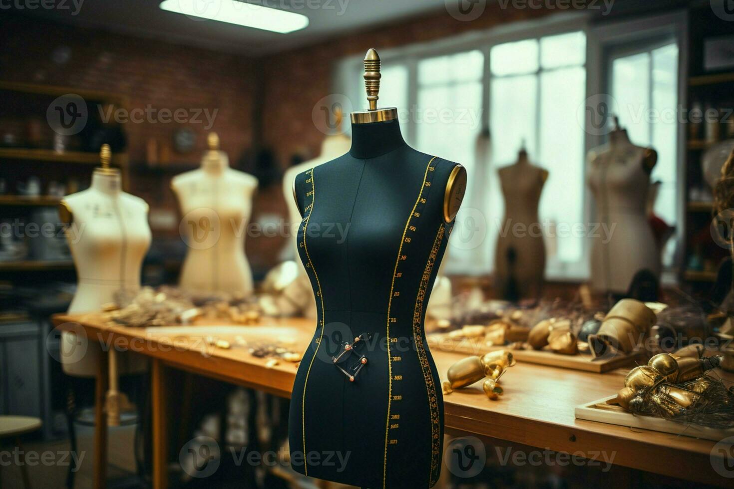 A tailors dummy, fitted with measuring tapes, graces the bustling fashion studio AI Generated photo