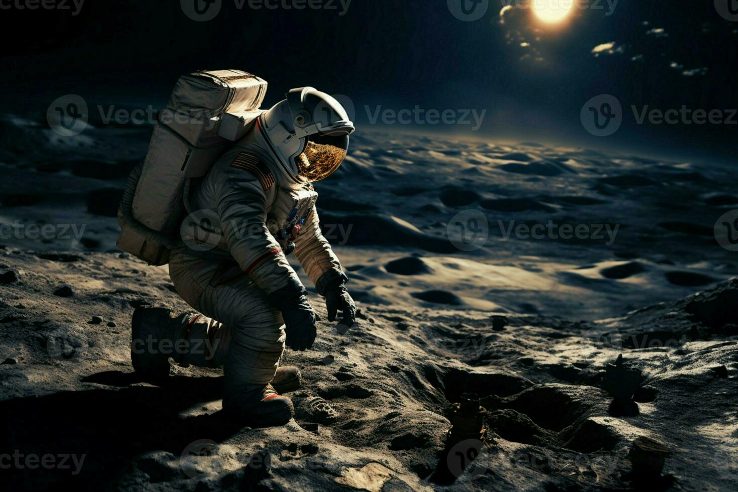 astronauta en Luna miradas espalda a tierra, encapsulando un profundo cósmico perspectiva. ai generado foto