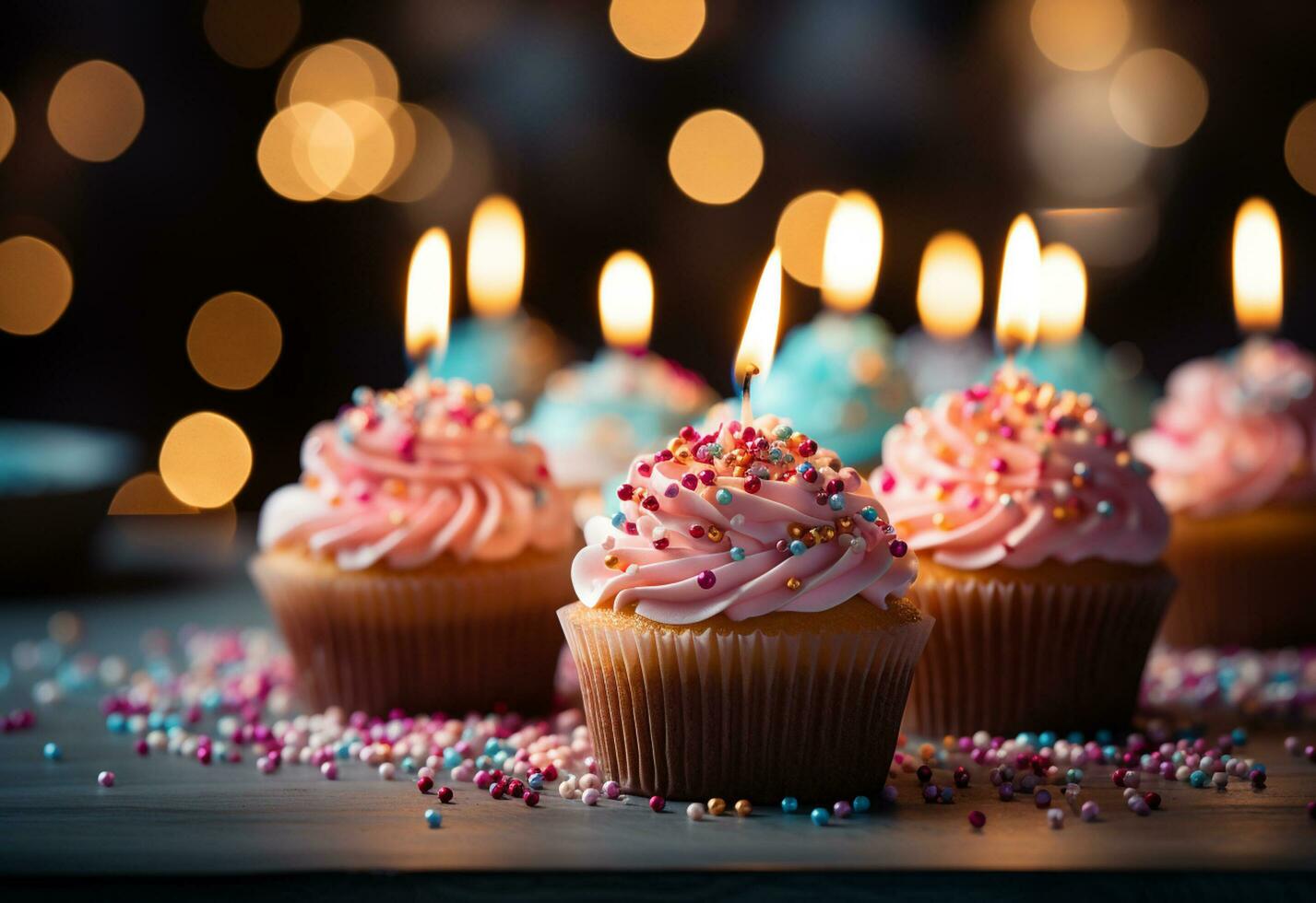 Ai generative birthday cupcakes with blur background colorful balloons realistic image, ultra hd, high design very photo