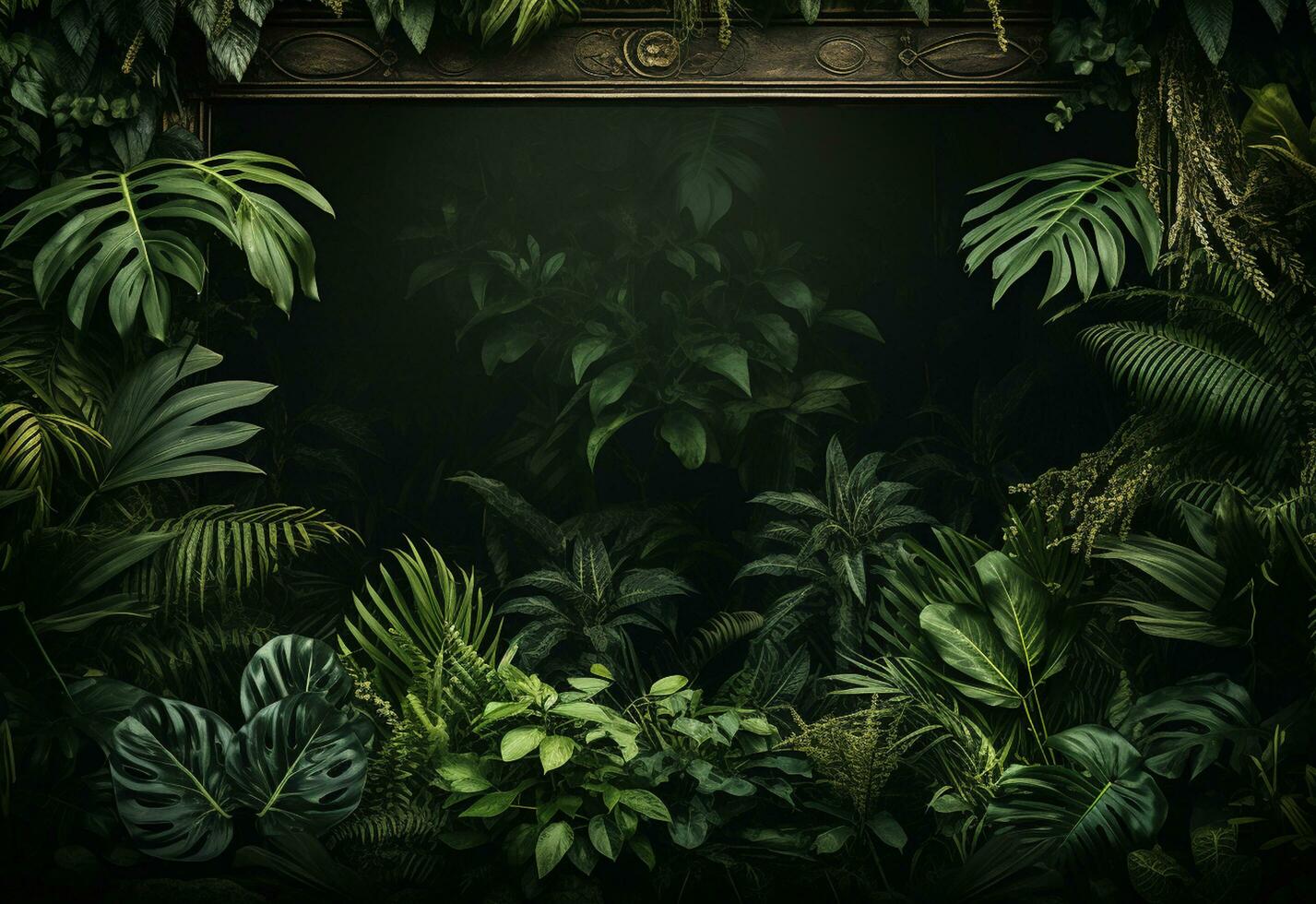 Ai Generative Beautiful jungle background with border made of tropical leaves backdrop with copy space photo