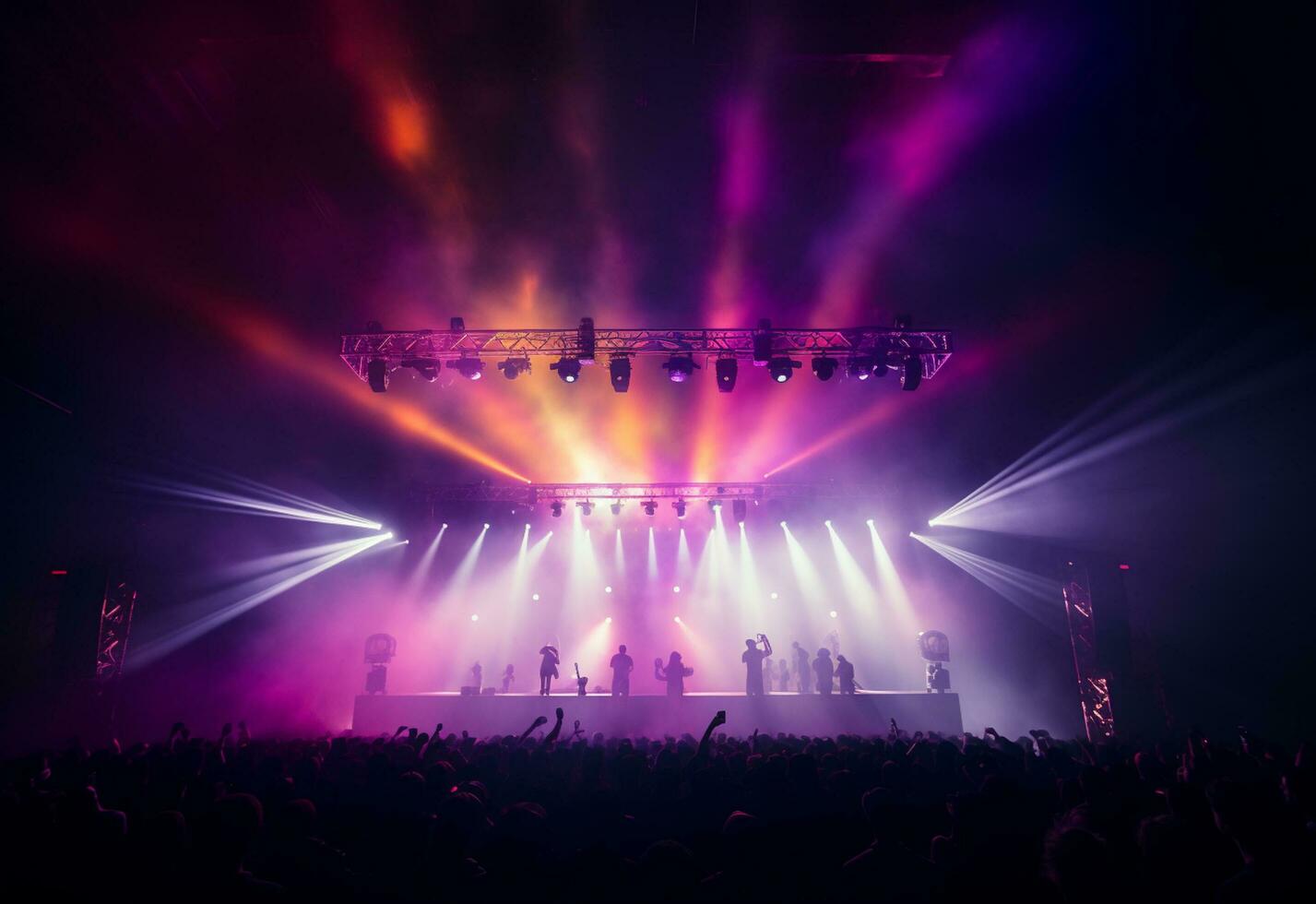 Ai generative Concert Stage Scenery With Spotlights Colored Lights Smoke photo