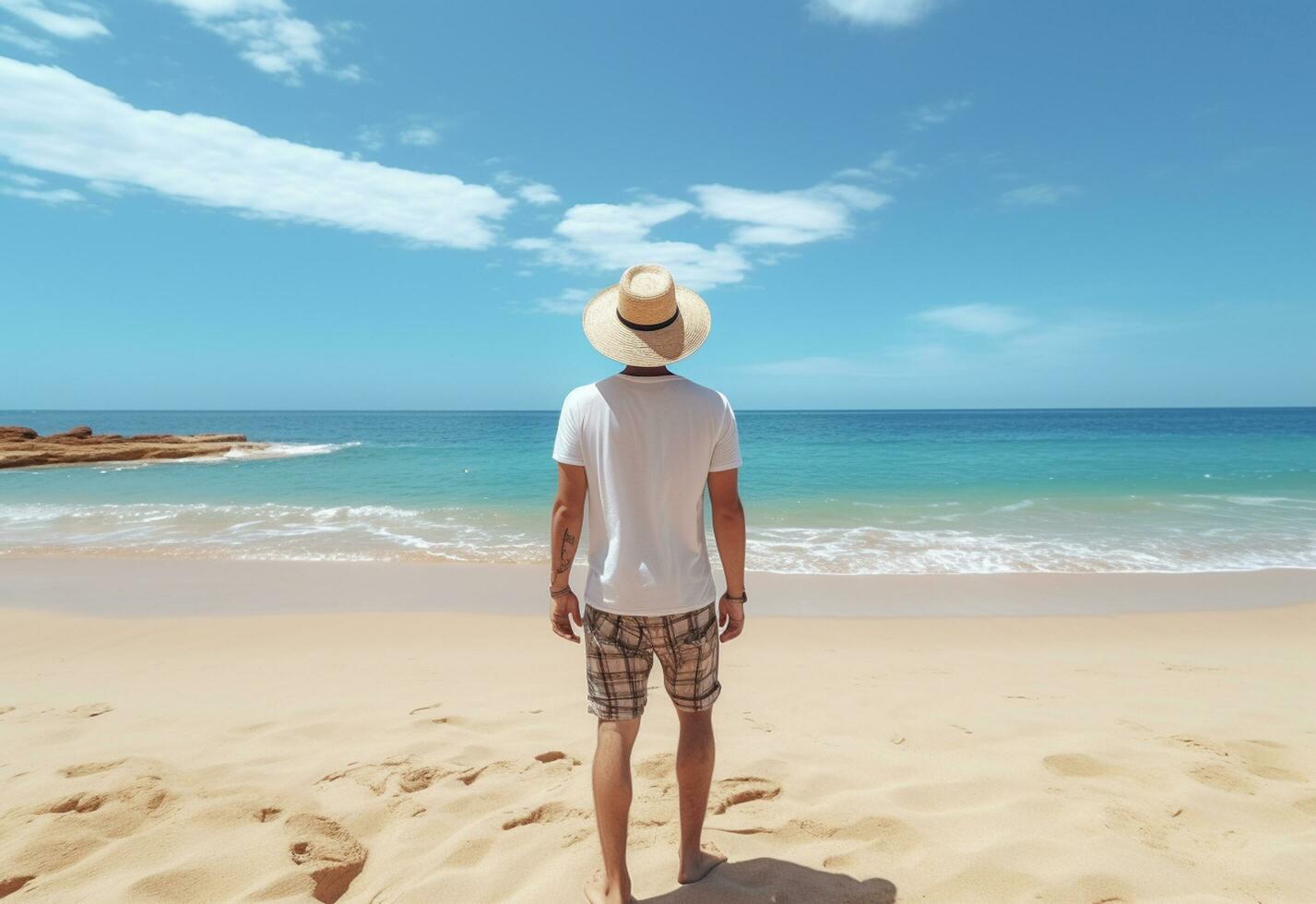 Ai generative back view young tourist man in summer dress and hat standing on beautiful sandy beach. enjoying. photo