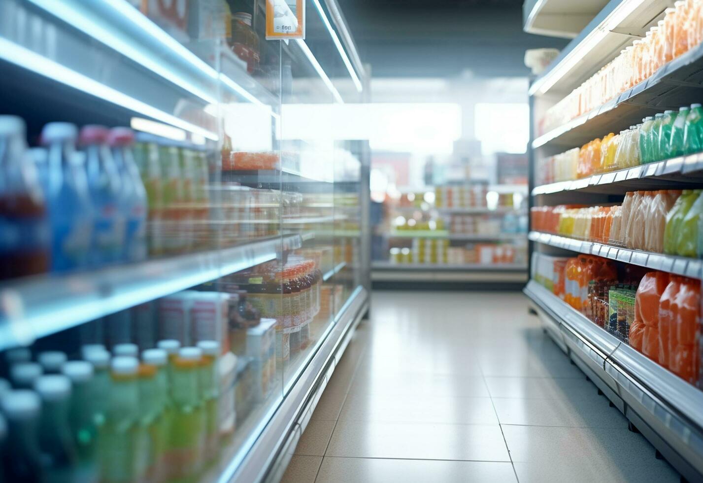 Ai generative Blurry shopping shelves in supermarkets and department stores realistic image ultra hd high design photo