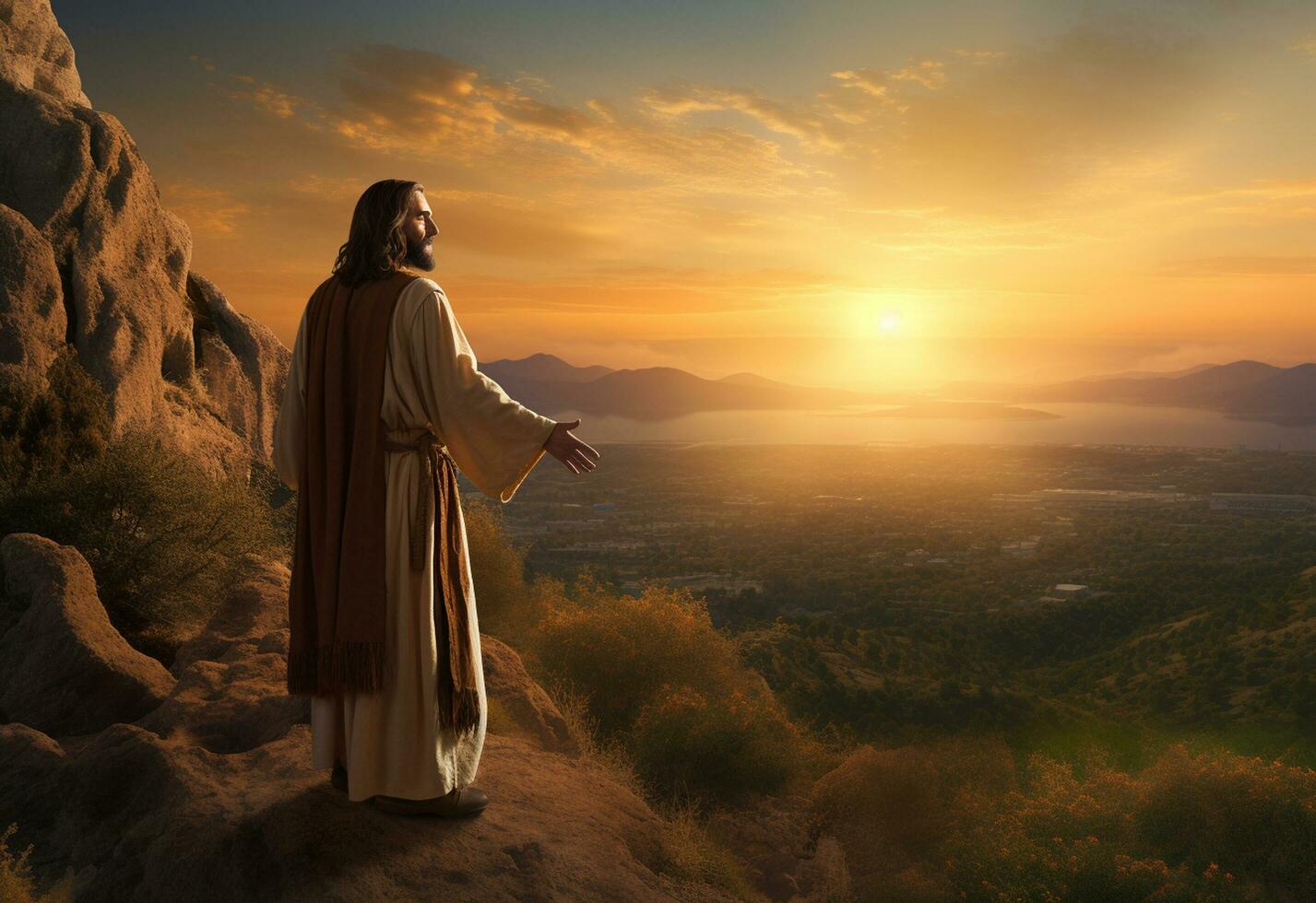 Ai generative Jesus Christ in the Hills at Sunset in Bolta realistic image, ultra hd, high design very detailed 8K photo