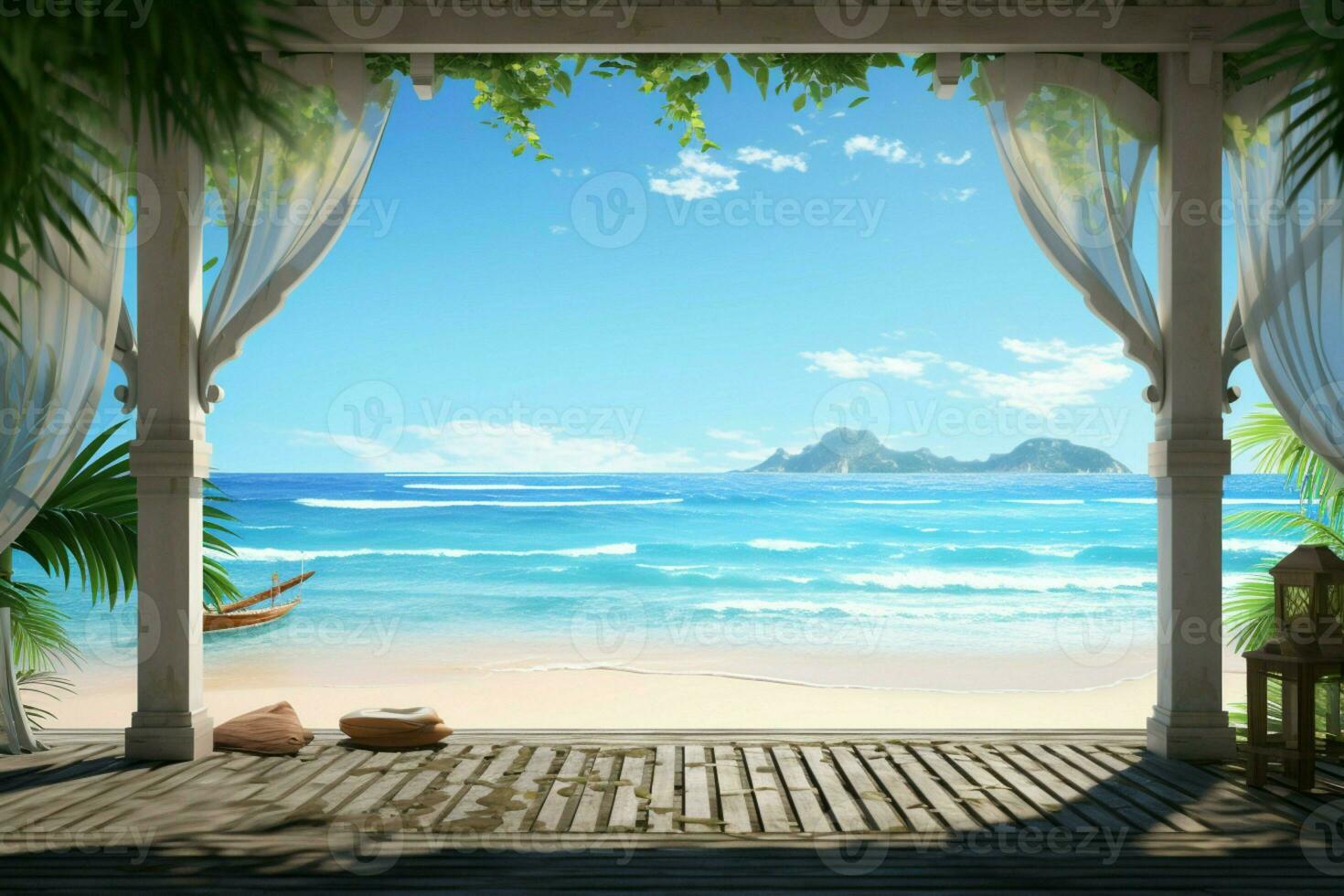 Immersive 3D gazebo by the ocean, tropical beachfront, tranquil seascape AI Generated photo