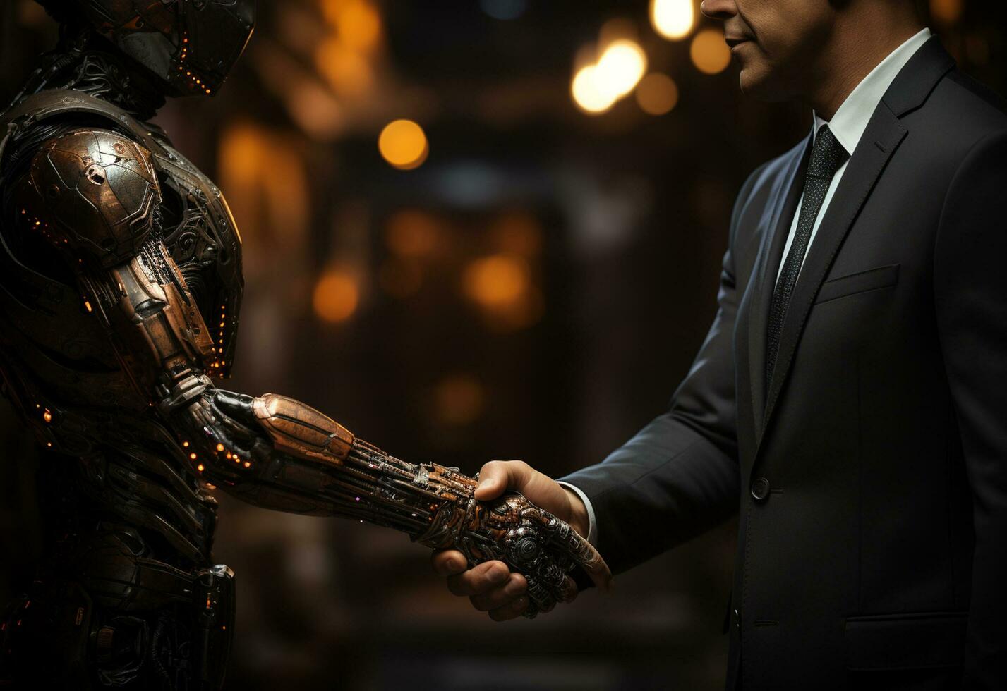 Ai generative handshaking, one human male hand, one robot hand in an office background photo