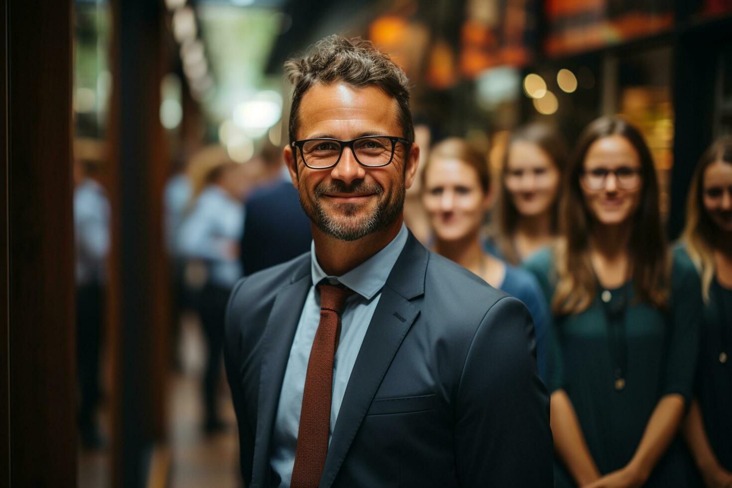 Ai Generative group of happy business man and business women, dressed in suits are smiling, in the office photo