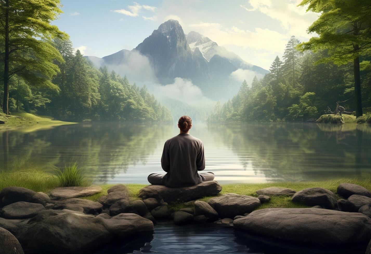 ai generative photo of a man practicing mindfulness and meditation in a peaceful natural environment sony A7s realistic image, ultra hd, high design very detailed