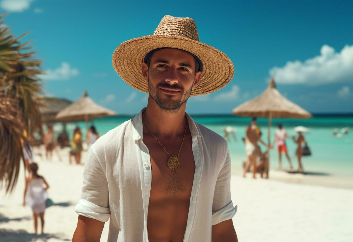 Ai generative back view young tourist man in summer dress and hat standing on beautiful sandy beach. enjoying. photo