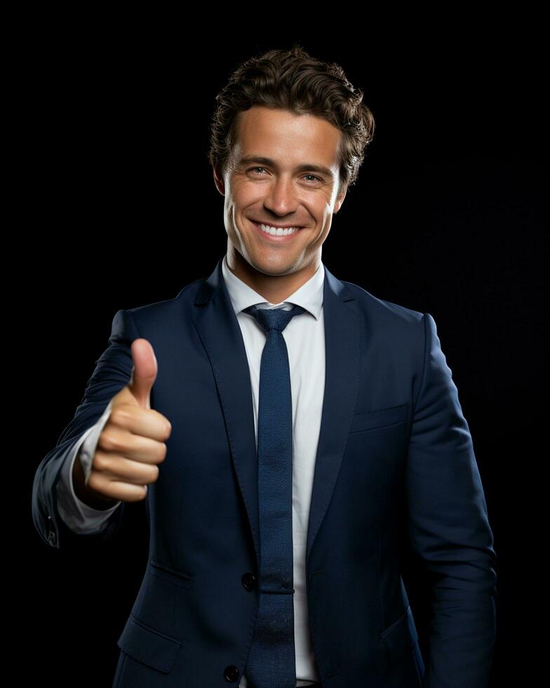 Ai generative photo business concept portrait of excited man dressed in formal wear giving thumbs up