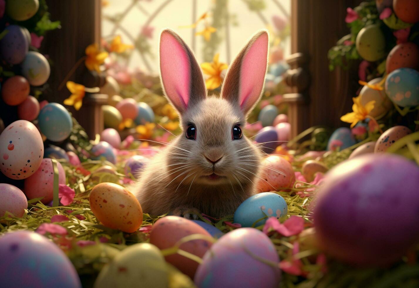 ai generativo foto contento conejito con muchos Pascua de Resurrección huevos en césped festivo antecedentes para decorativo diseño