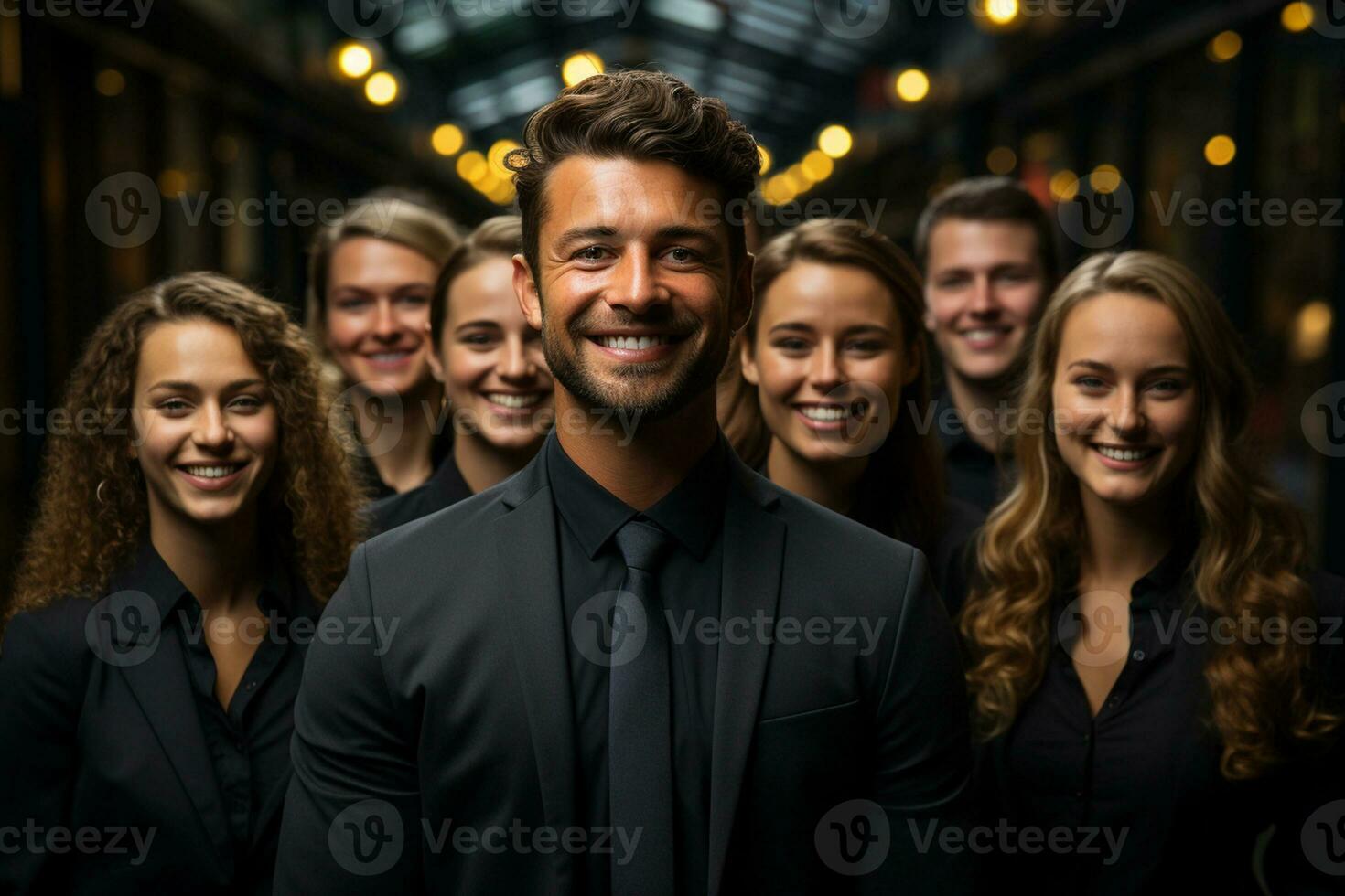 Ai Generative group of happy business man and business women, dressed in suits are smiling, in the office photo