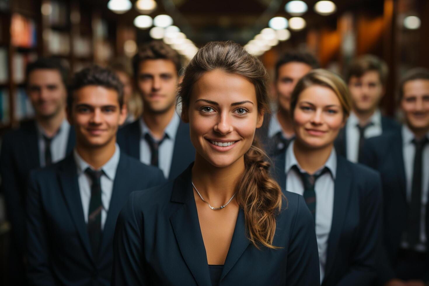Ai Generative group of happy business man and business women, dressed in suits are smiling, in the office photo