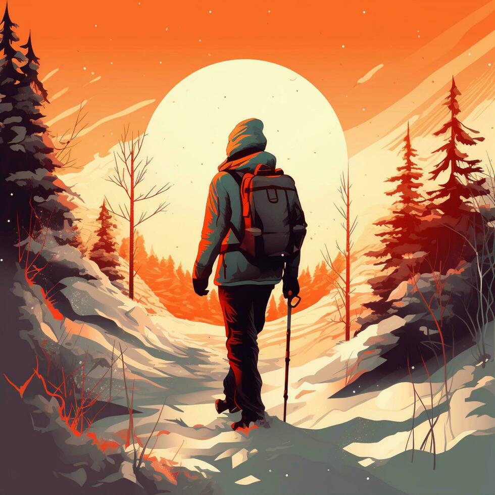 vector winter hiking silhouette poster design photo