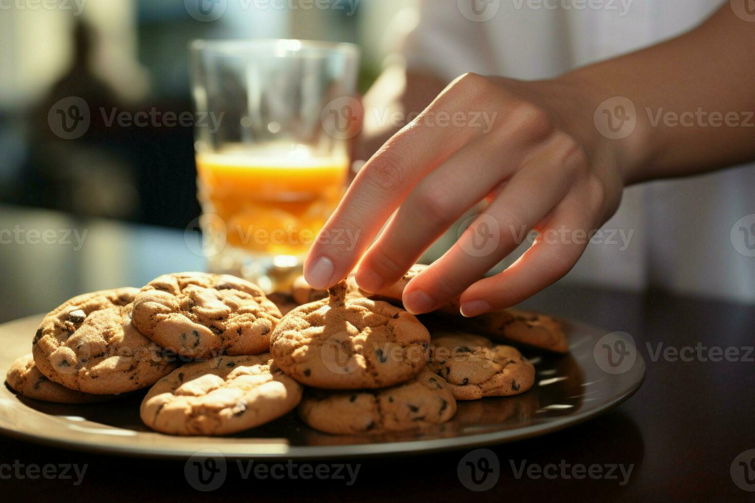 Close up Womans hand reaches for chocolate cookies, balancing them with orange juice AI Generated photo