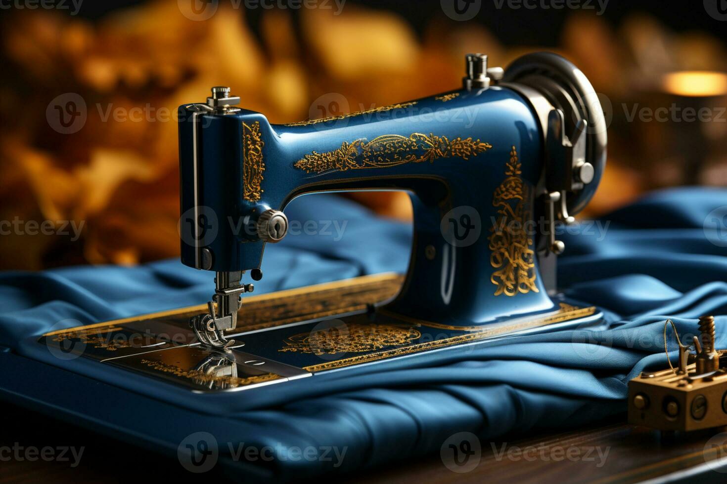 Traditional sewing machine creates timeless blue jeans from quality fabric  AI Generated photo