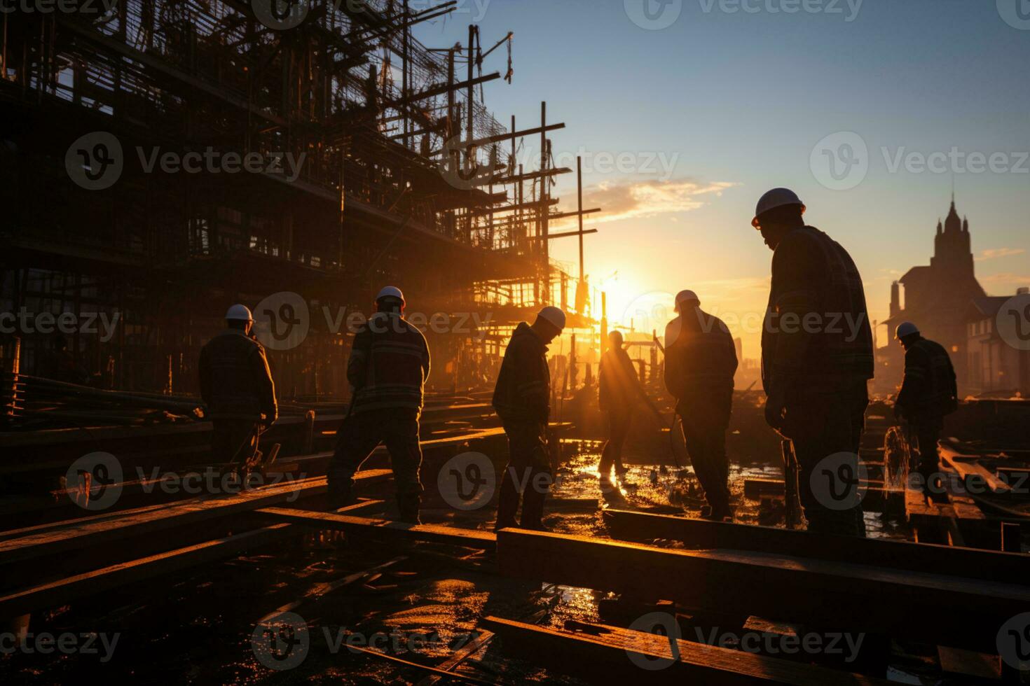 a atardecer, construcción sitio siluetas incluir grua y diligente trabajadores ai generado foto