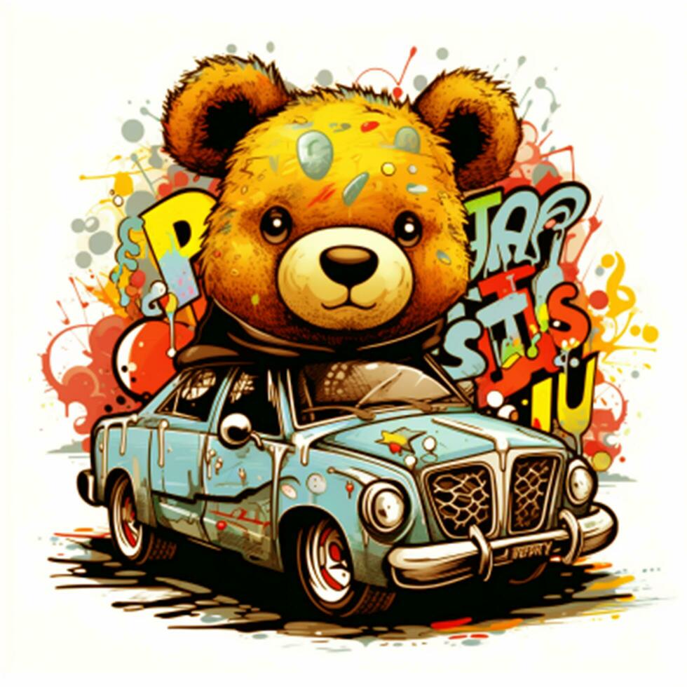 street vibes custom typography with a cool teddy bear car graphic illustration photo