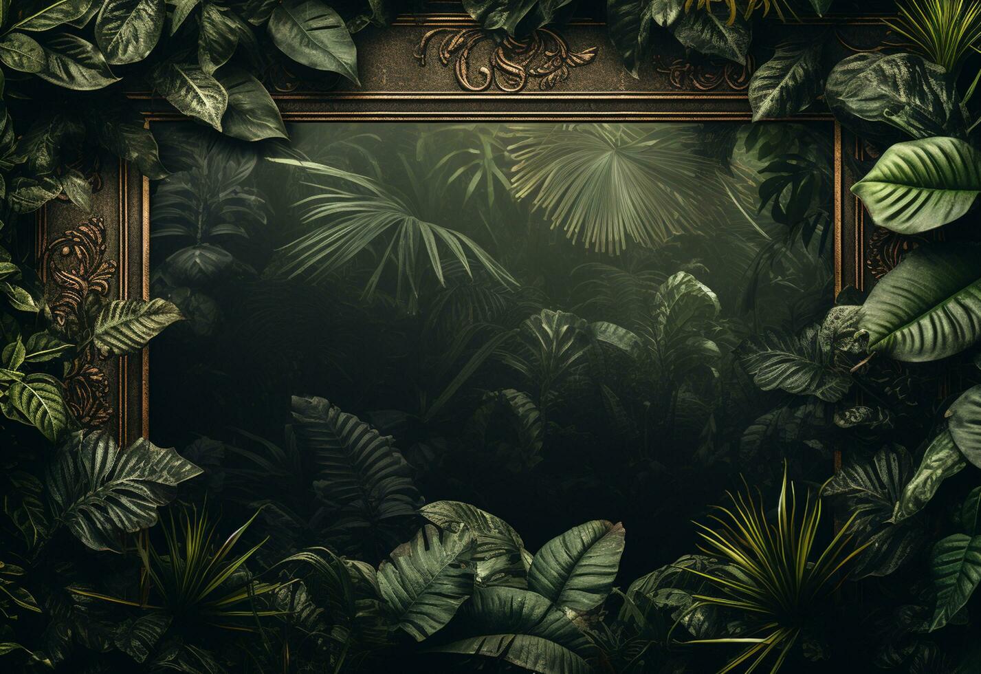 Beautiful jungle background with border made of tropical leaves backdrop with copy space photo