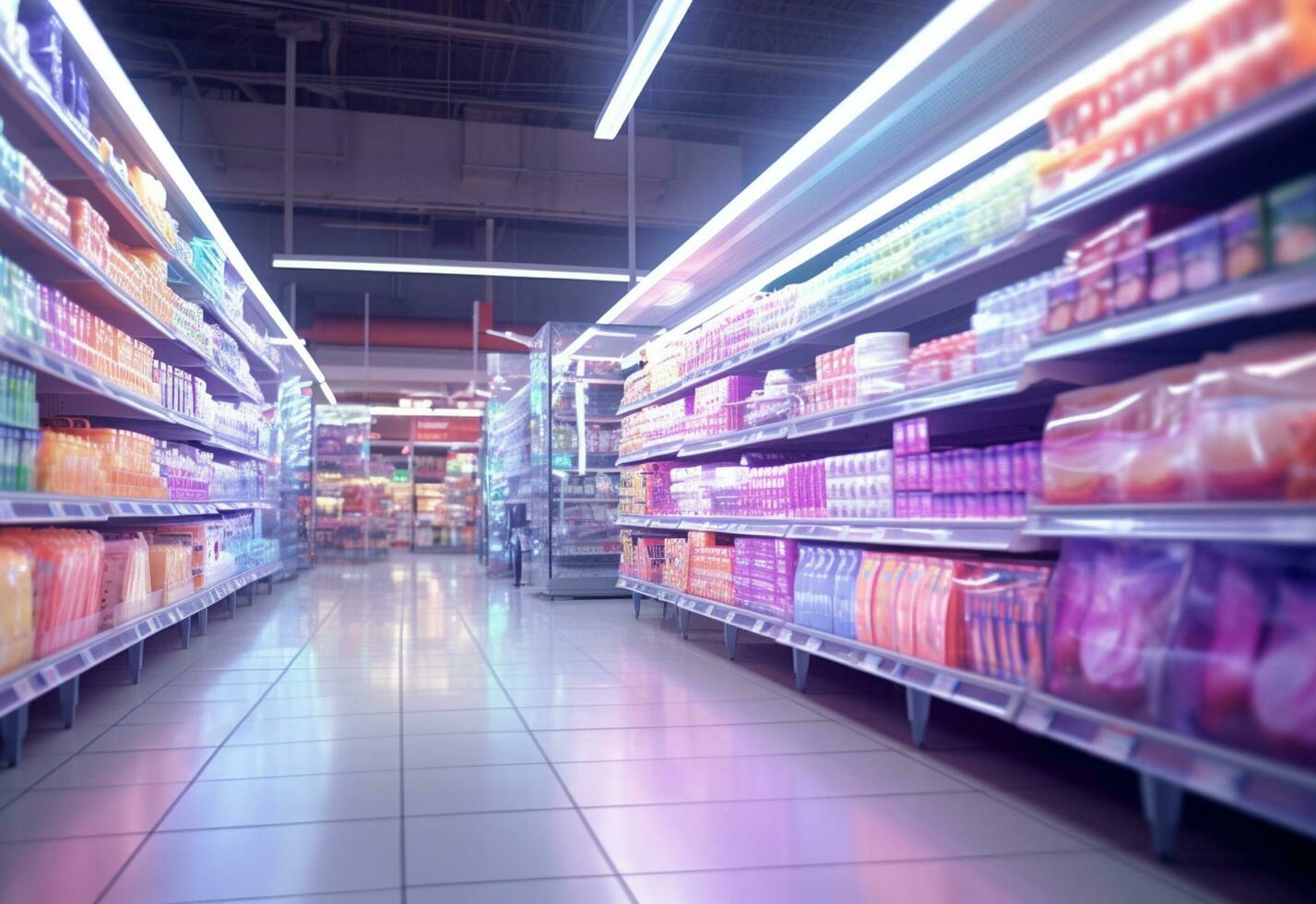 Ai generative Blurry shopping shelves in supermarkets and department stores realistic image ultra hd high design photo