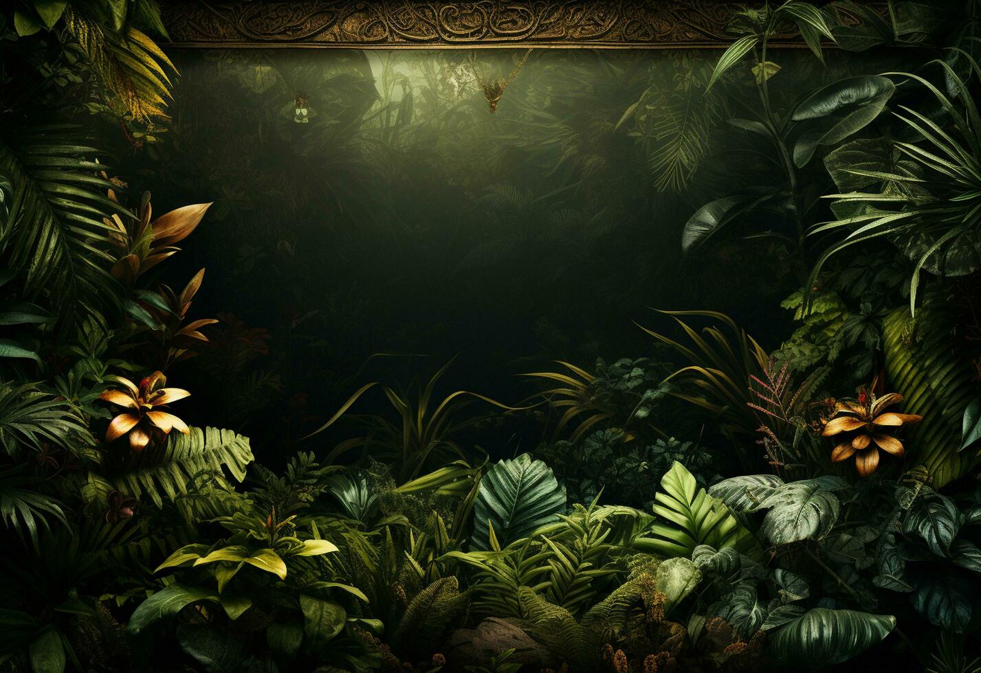 Ai Generative Beautiful jungle background with border made of tropical leaves backdrop with copy space photo