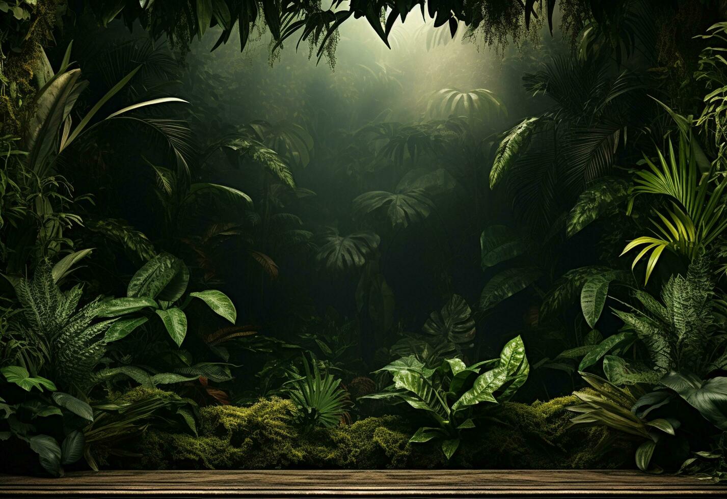 Ai Generative Beautiful jungle background with border made of tropical leaves backdrop with copy space photo