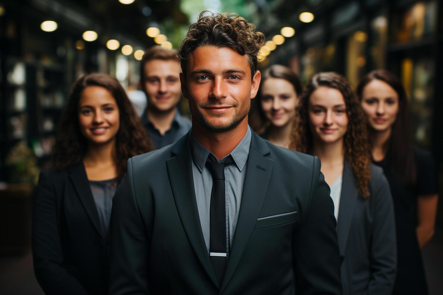 Ai Generative group of happy business man and business women, dressed in suits are smiling, in the office photo