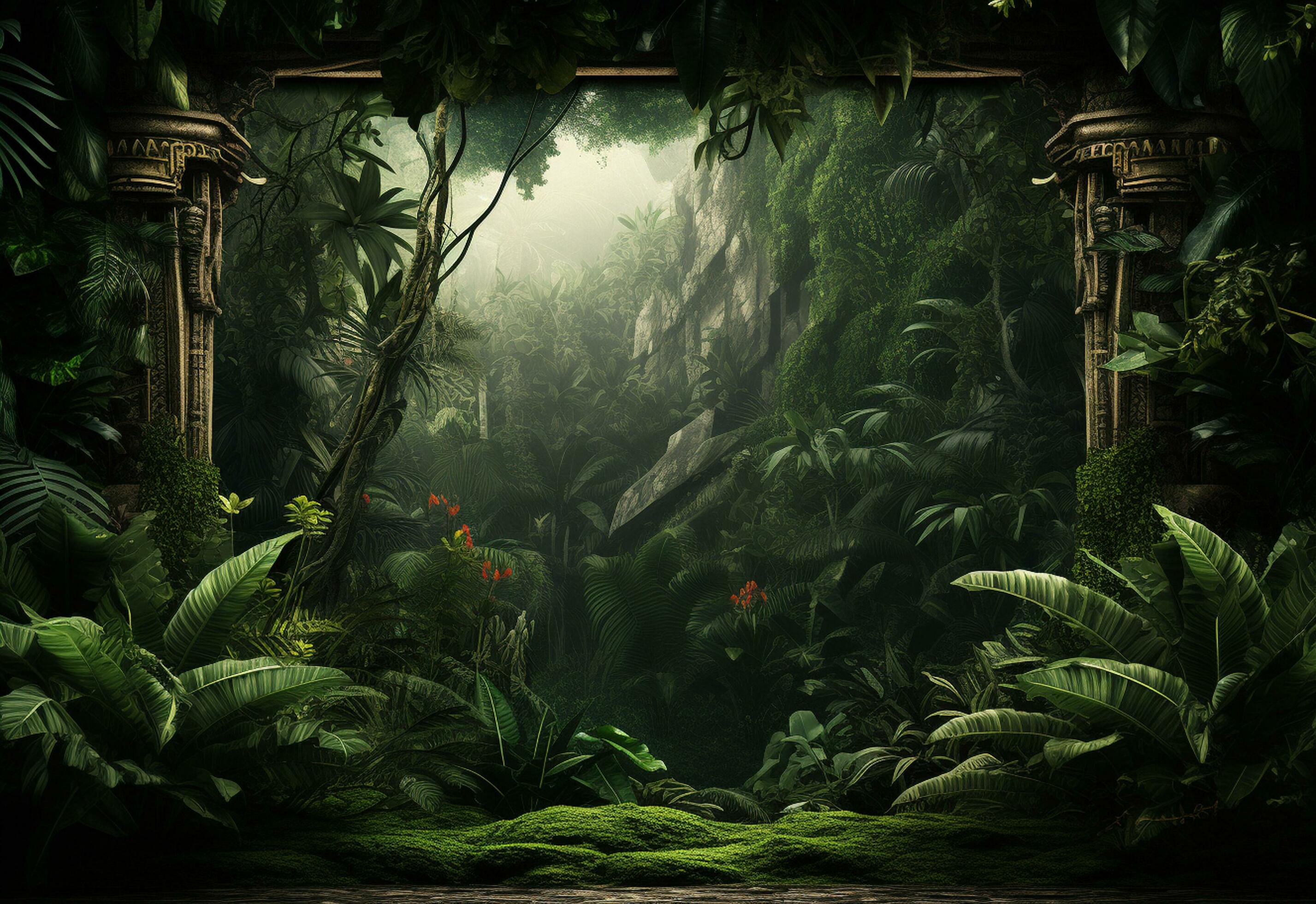 Beautiful jungle background with border made of tropical leaves