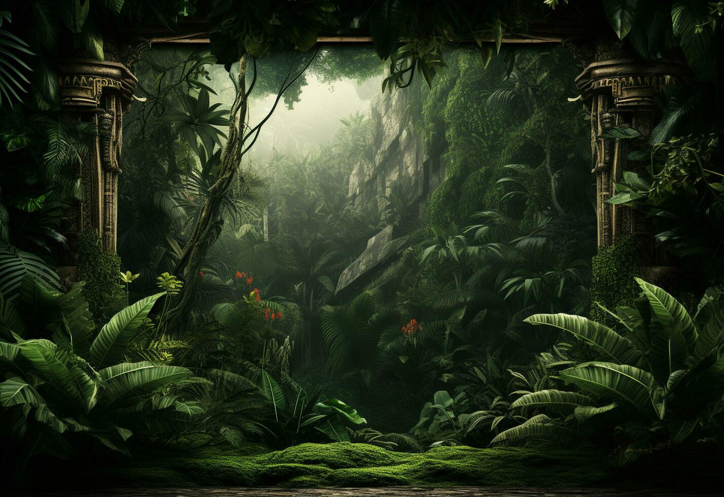 Beautiful jungle background with border made of tropical leaves backdrop with copy space photo