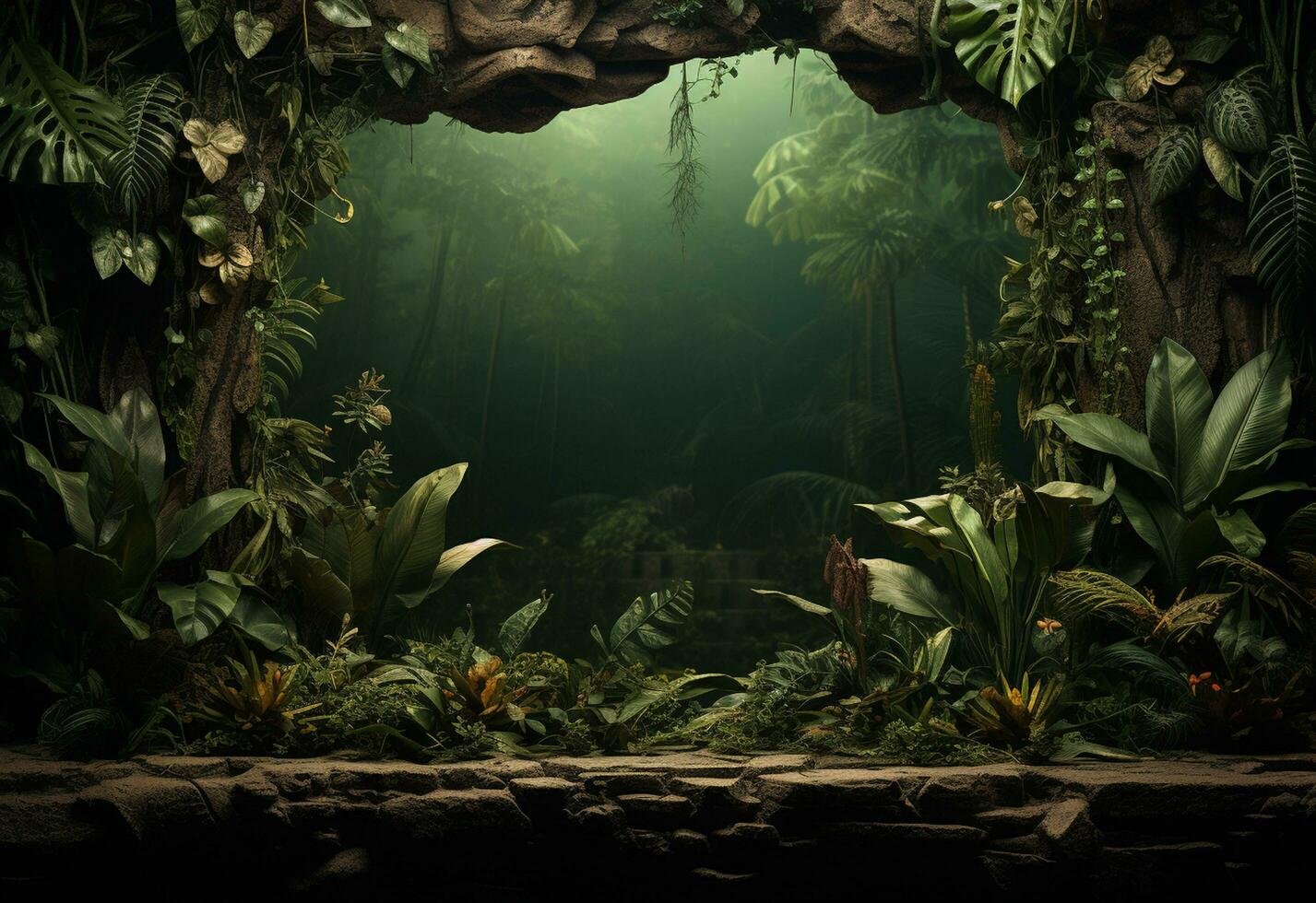 Ai Generative Beautiful jungle background with border made of tropical leaves backdrop with copy space photo