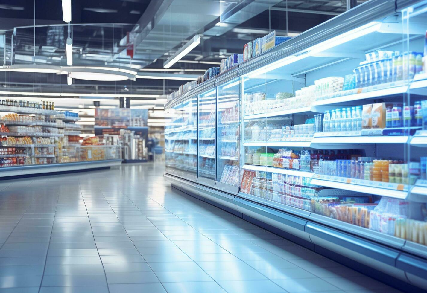 Ai generative Blurry shopping shelves in supermarkets and department stores realistic image ultra hd high design photo