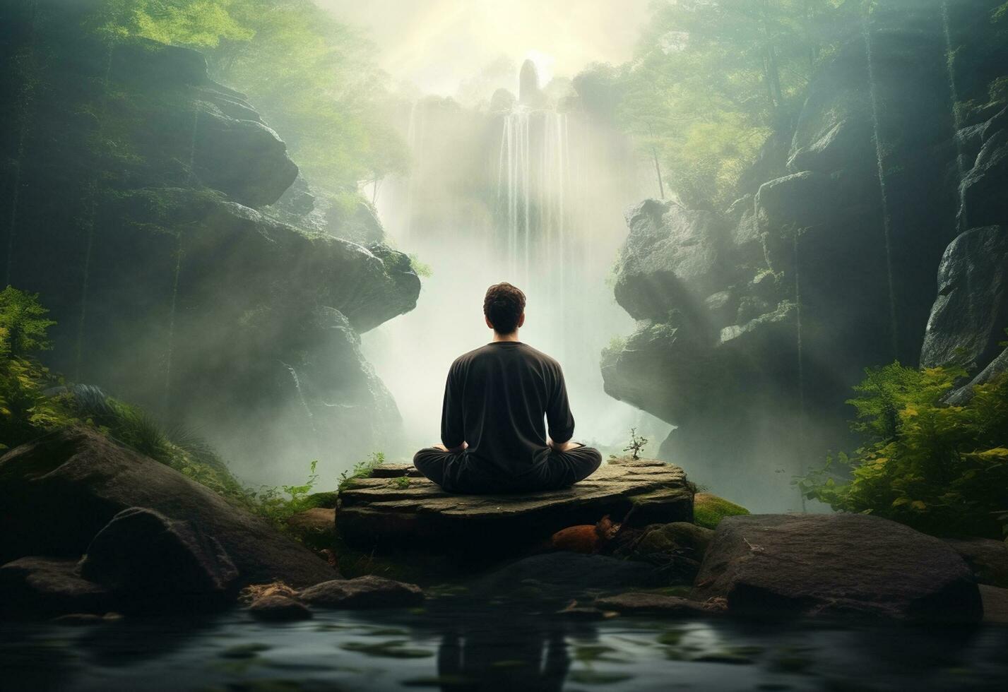 ai generative photo of a man practicing mindfulness and meditation in a peaceful natural environment sony A7s realistic image, ultra hd, high design very detailed