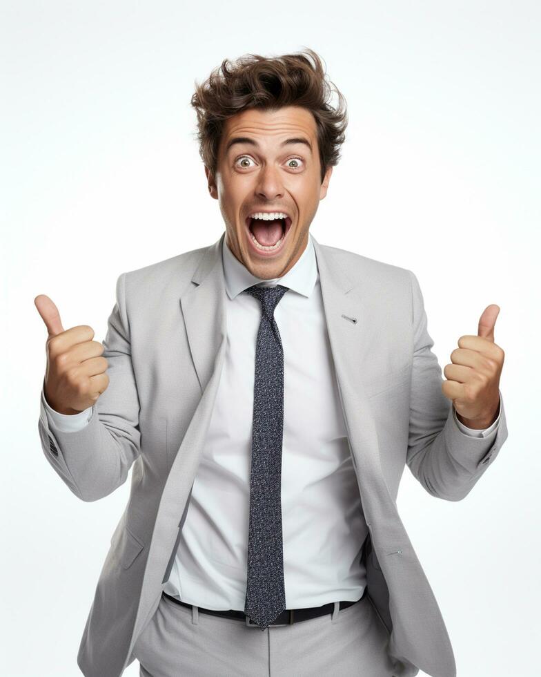 Ai generative photo business concept portrait of excited man dressed in formal wear giving thumbs up