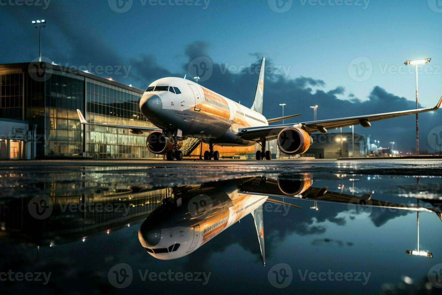 A parked passenger aircraft near a jetway, its reflection glistening in a puddle AI Generated photo
